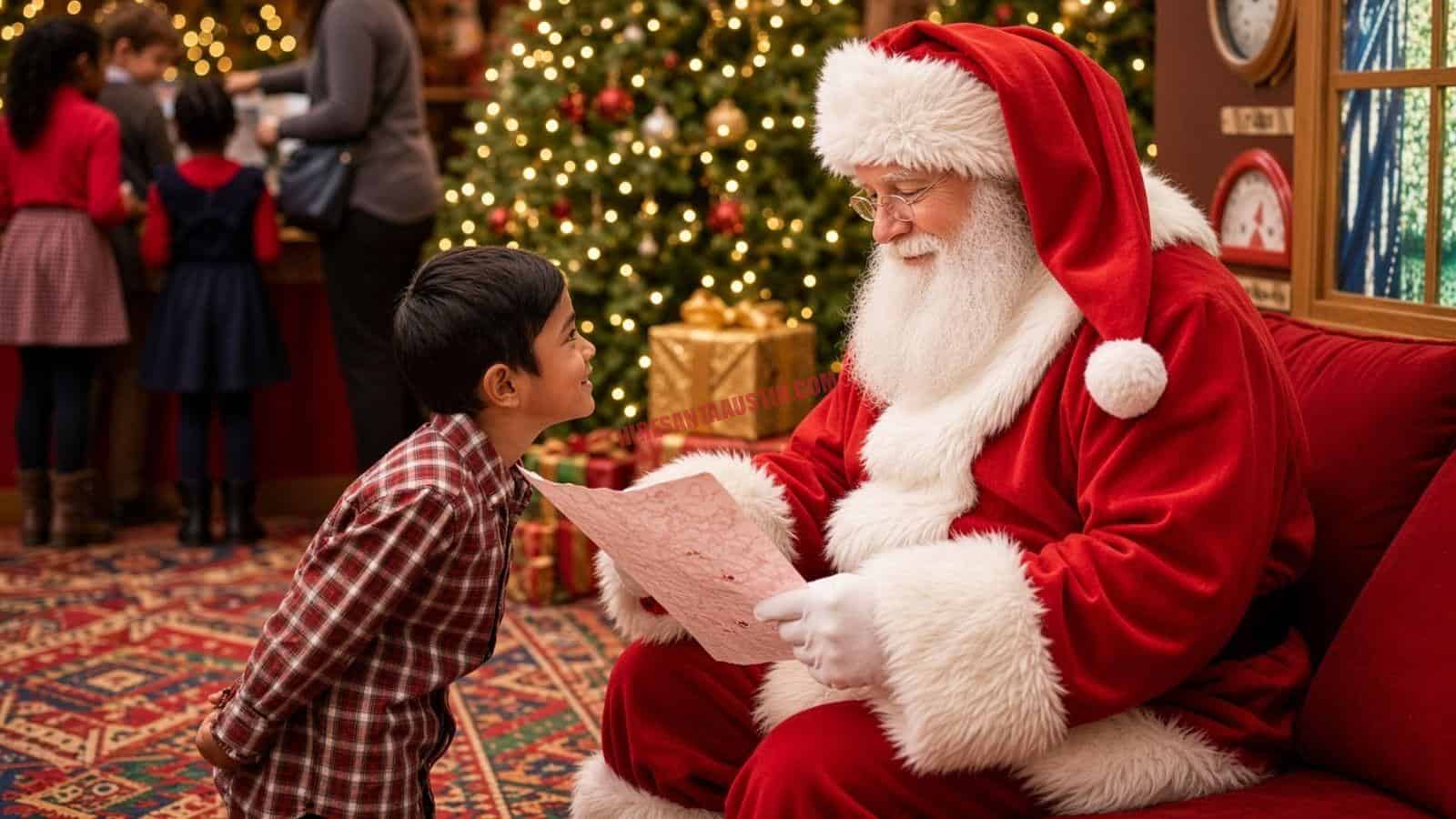 Santa Claus in Austin sits on a red sofa by a lit tree, reading a letter with a child standing beside him.